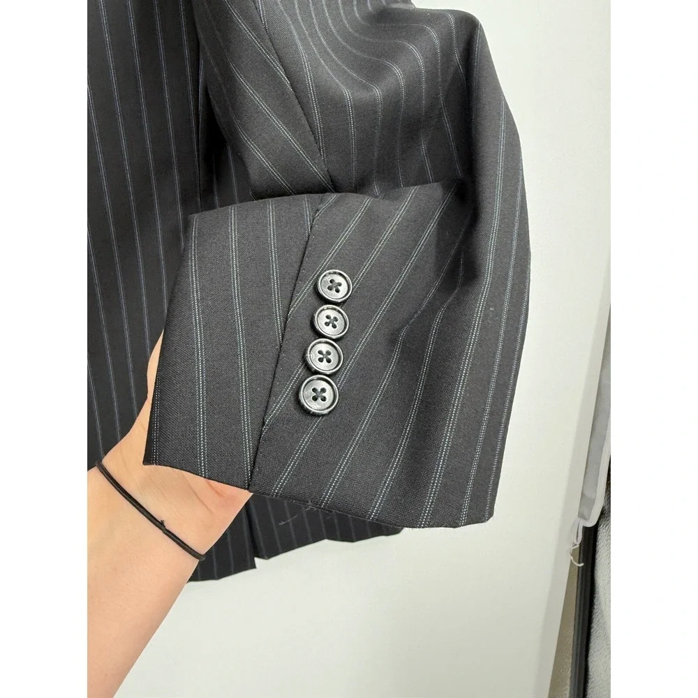 Corneliani Double Breasted Wool  Sports Coat Italy Black Blue Stripes ‎ Mens 56L